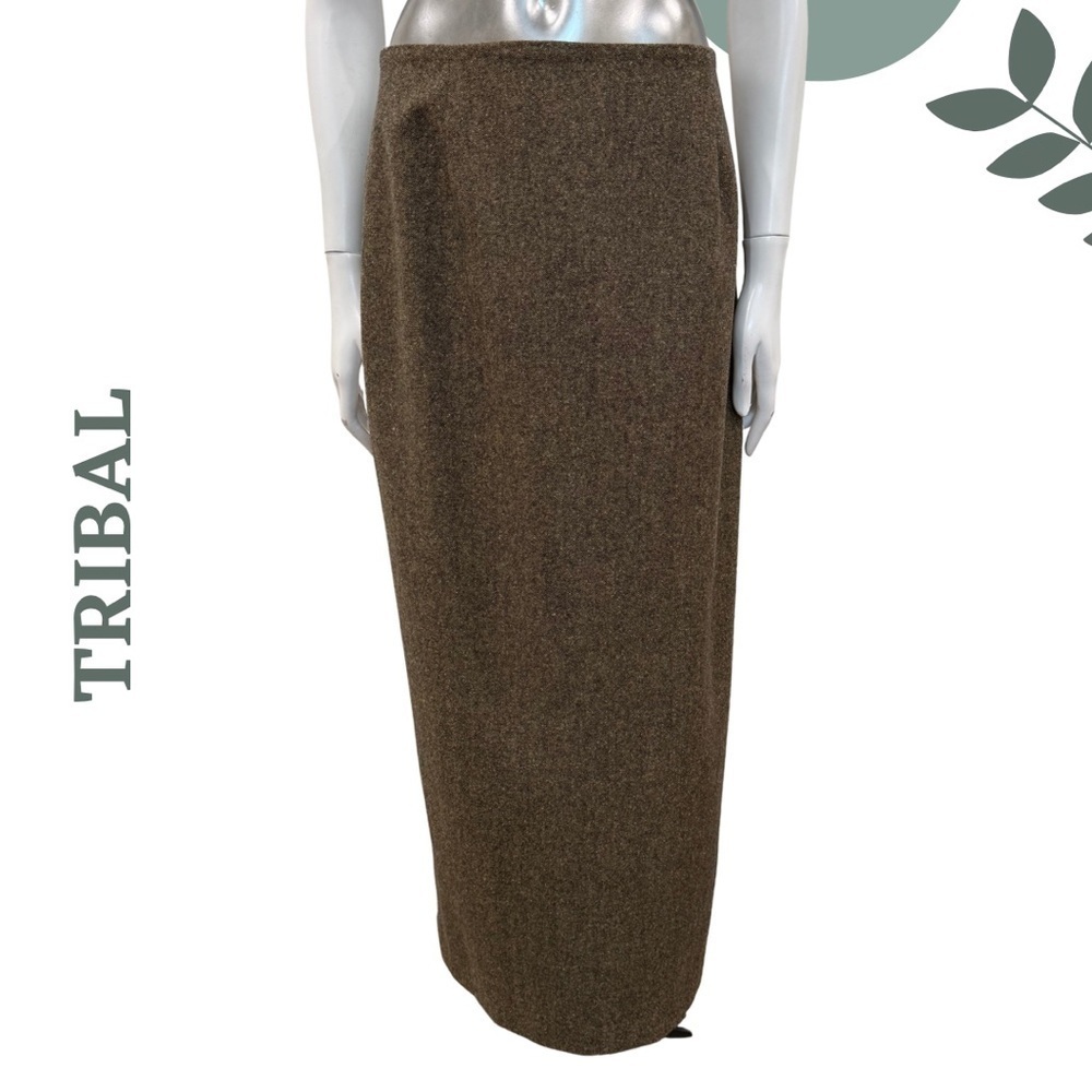 Tribal Wool-Blend Maxi Skirt Brown Faux Zipper Rear Slit Detail – Size 8